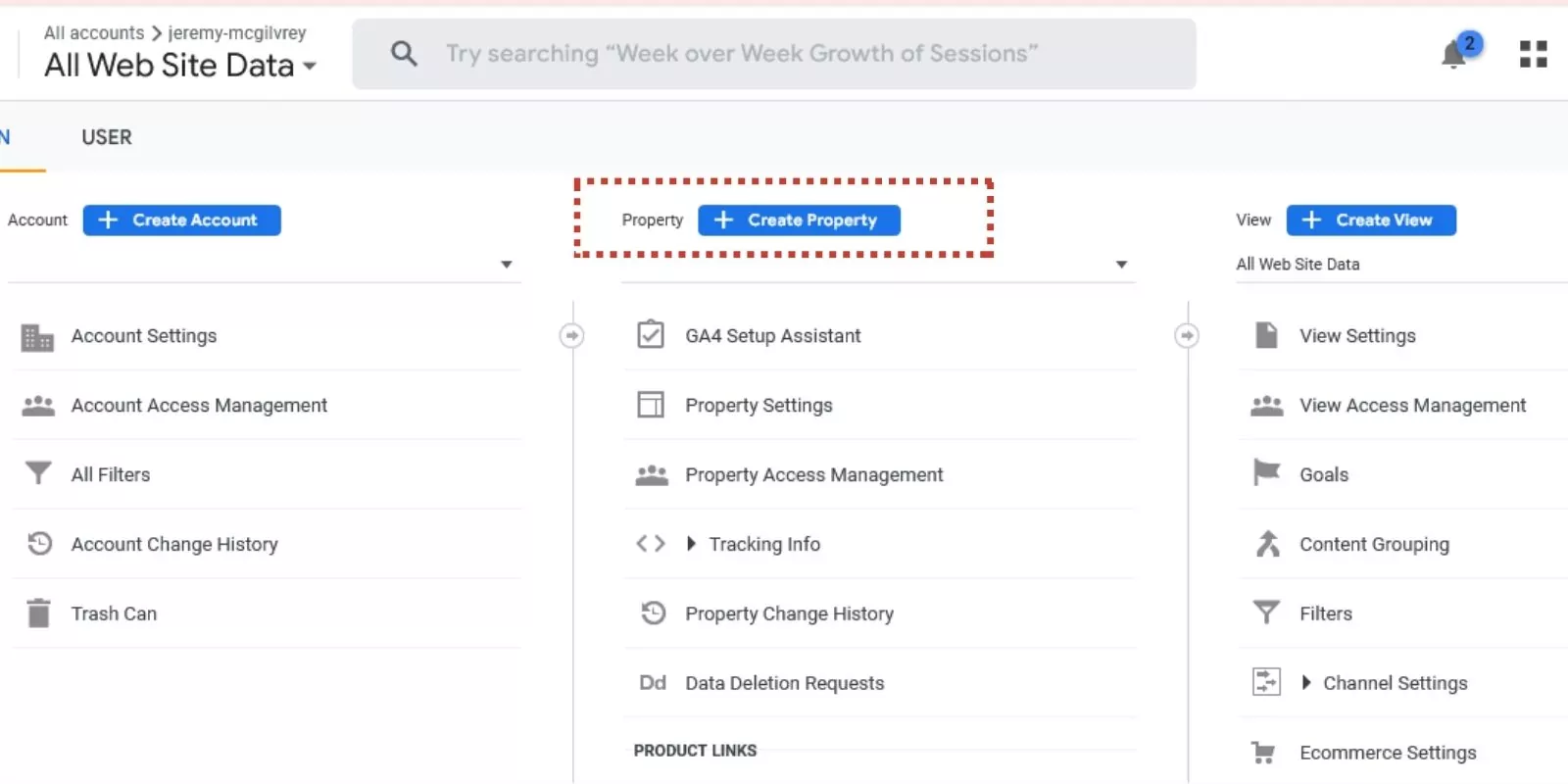 In the Property column, click Create Property for Setting Up a GA4 Property